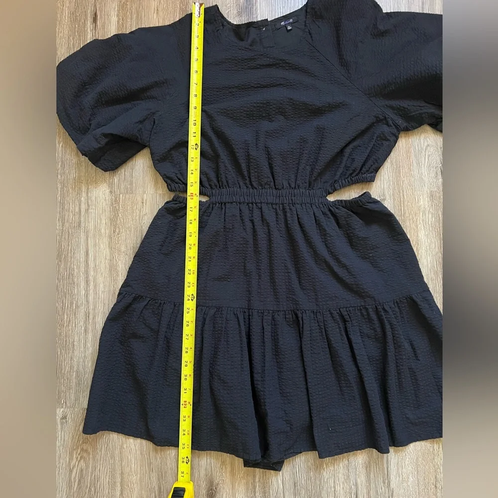 Madewell Seersucker Puff-Sleeve Cutout Dress Black Ruffle Hem A Line Size XL.